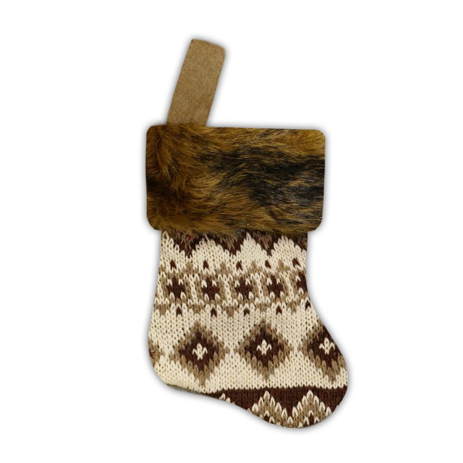 STOCKING MINI 6" BROWN KNITTED W/ FAUX FUR CUFF
