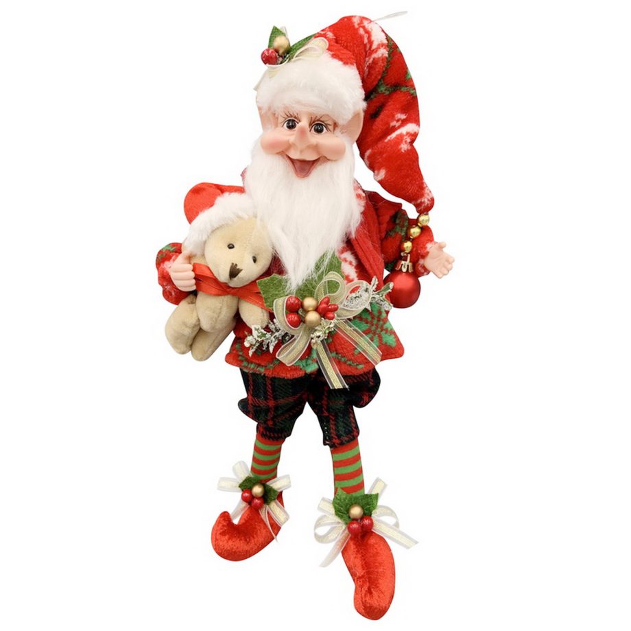 POSABLE ELF WHIMSICAL 16" RED/GREEN W/ TEDDY BEAR