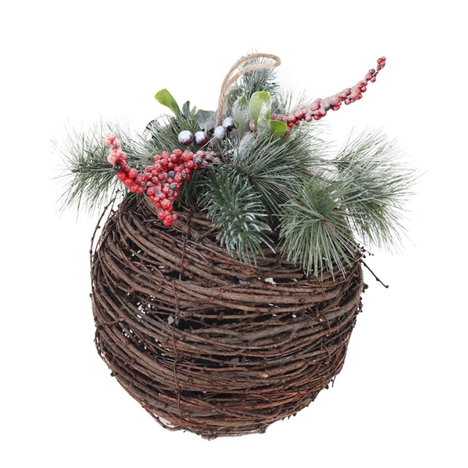 BALL RATTAN/ GREENS 9.5"X10.5" W/ FROSTED NEEDLE PINE & BERRIES