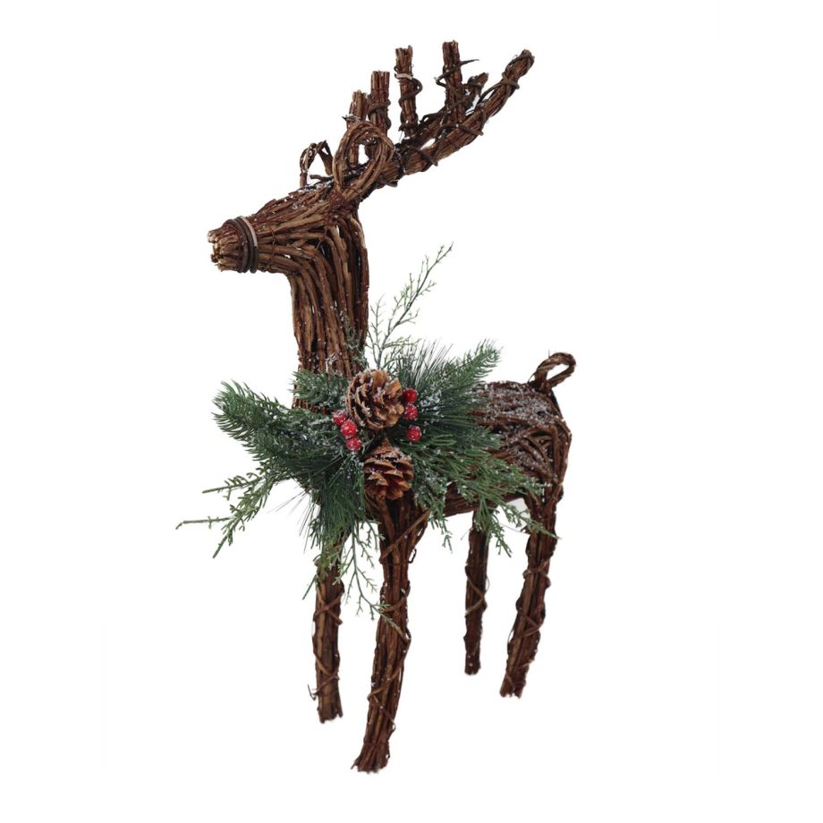 REINDEER STANDING NAT. RATTAN 13"X5.5"X22"  W/ MIXED FROSTED PINE/CONES/BERRIES