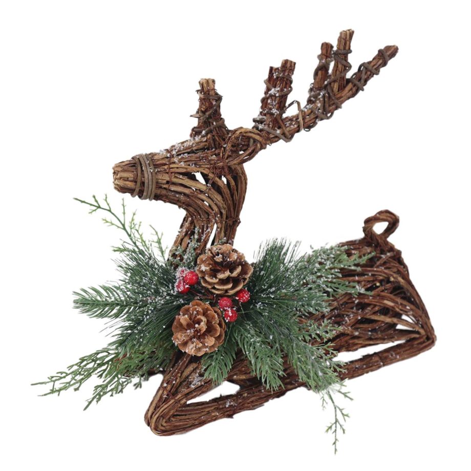 REINDEER SITTING NAT. RATTAN 13"X5"X13" LAYING W/ MIXED FROSTED PINE/CONES/BERRIES