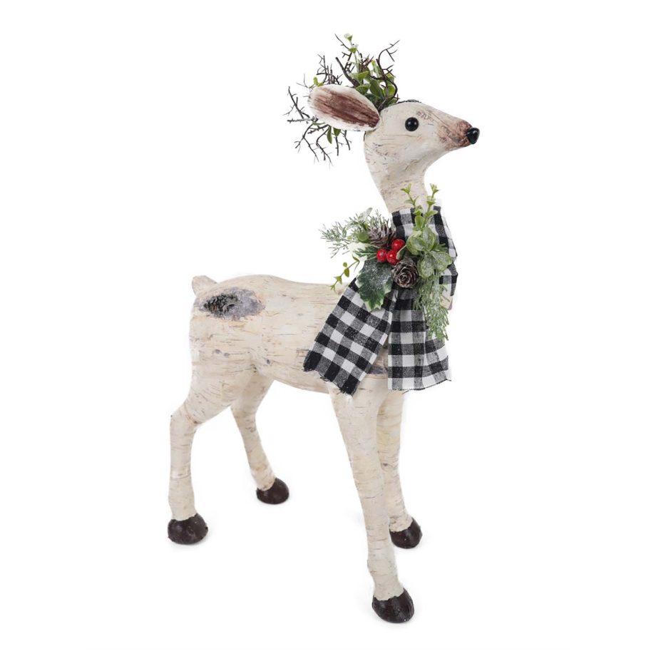 REINDEER STANDING BIRCH LOOK 13"X5"X20" BLACK/ WHITE PLAID SCARF