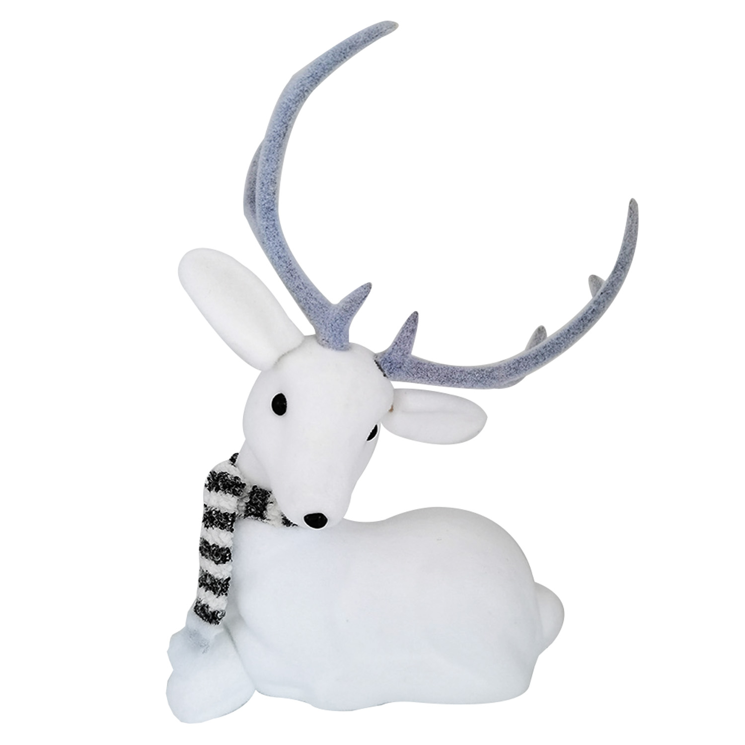 REINDEER WHITE FLOCKED 20" SITTING  W/ GRAY STRIPED SCARF