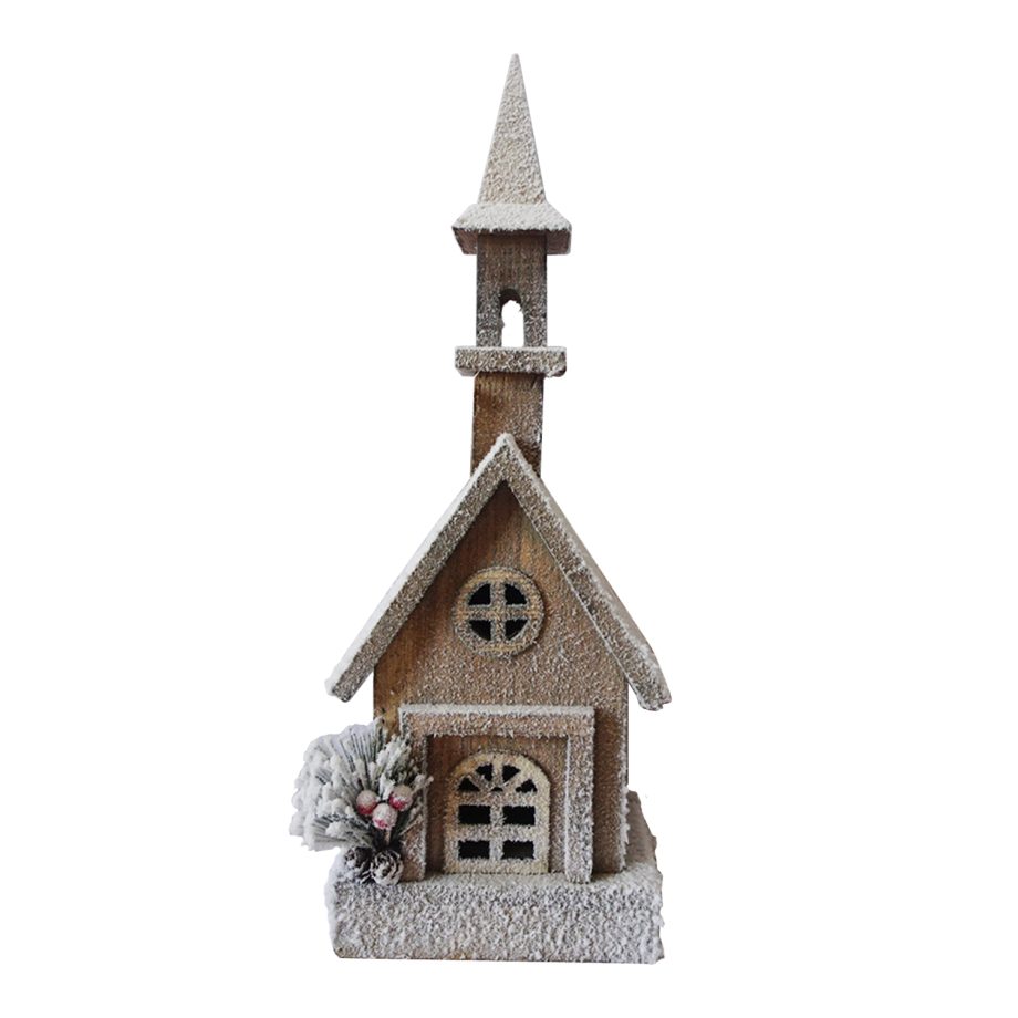 WOODEN NAT. CHURCH 18" W/ SNOW LED LIGHTS 3AA BATTERY W/TIMER