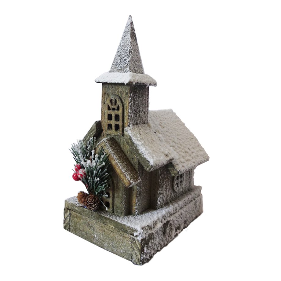 WOODEN NAT. CHURCH 10" W/ SNOW LED LIGHTS 3AA BATTERY W/ TIMER