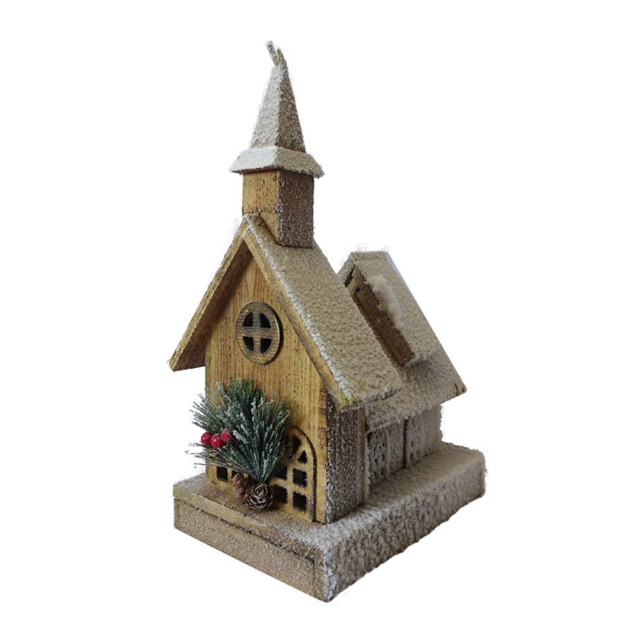WOODEN NAT. HOUSE 15" W/ SNOW LED LIGHTS 3AA BATTERY W/TIMER