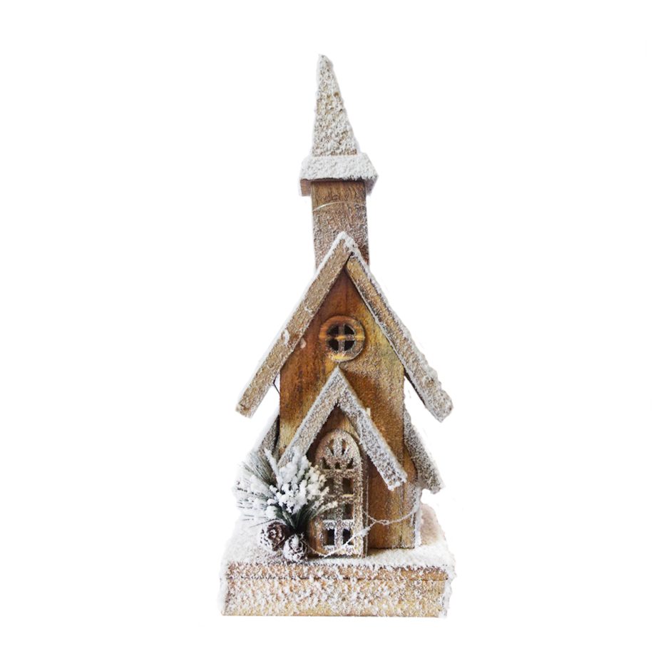 WOODEN NAT. CHURCH 5.5"x3.5"x13" W/ SNOW LED LIGHTS 3AA BATTERY W/TIMER