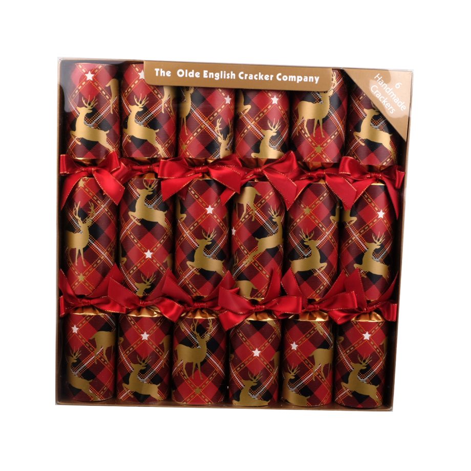 XMAS CRACKER DLX 6PC X 12" REINDEER PRNT W/ PINE CONE & BERRIES