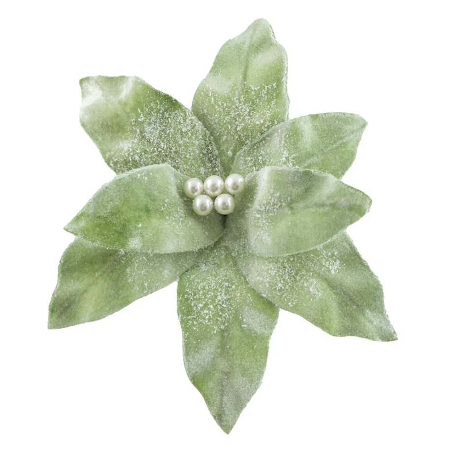 POINSETTIA HEAD GREEN /MINT 10" FROSTED  W/CLIP
