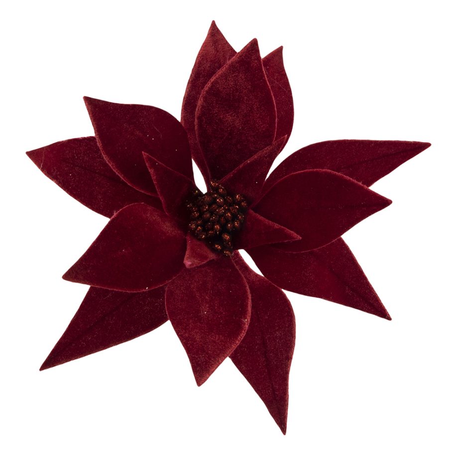 POINSETTIA HEAD RED DARK 9" VELVET W/ CLIP