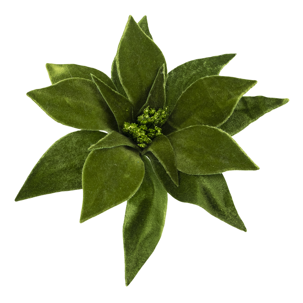 POINSETTIA HEAD GREEN 9" VELVET W/ CLIP