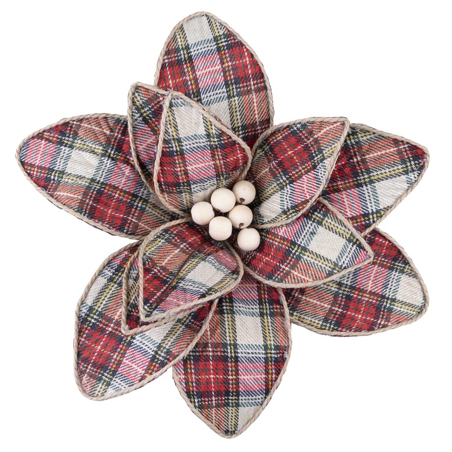 POINSETTIA HEAD RED / GRN/ BEIGE 11" PLAID W/ WOODEN BEADS & CLIP