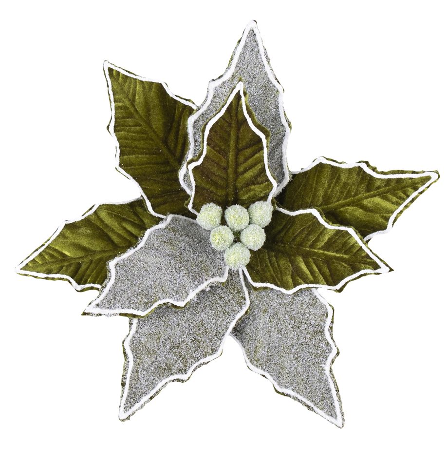 POINSETTIA HEAD GREEN MOSS 11" VELVET W/ FROSTED PETALS & CLIP