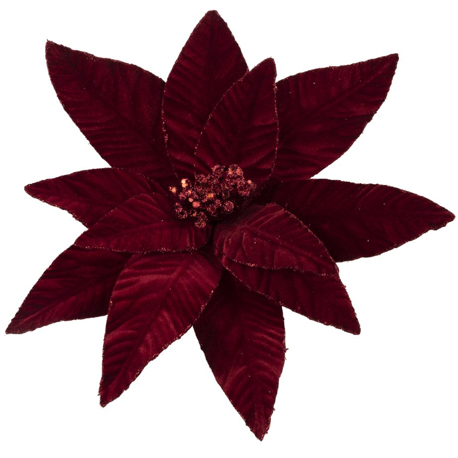 POINSETTIA HEAD BURGUNDY 12" VELVET W/ GLITTER BORDER W/ CLIP