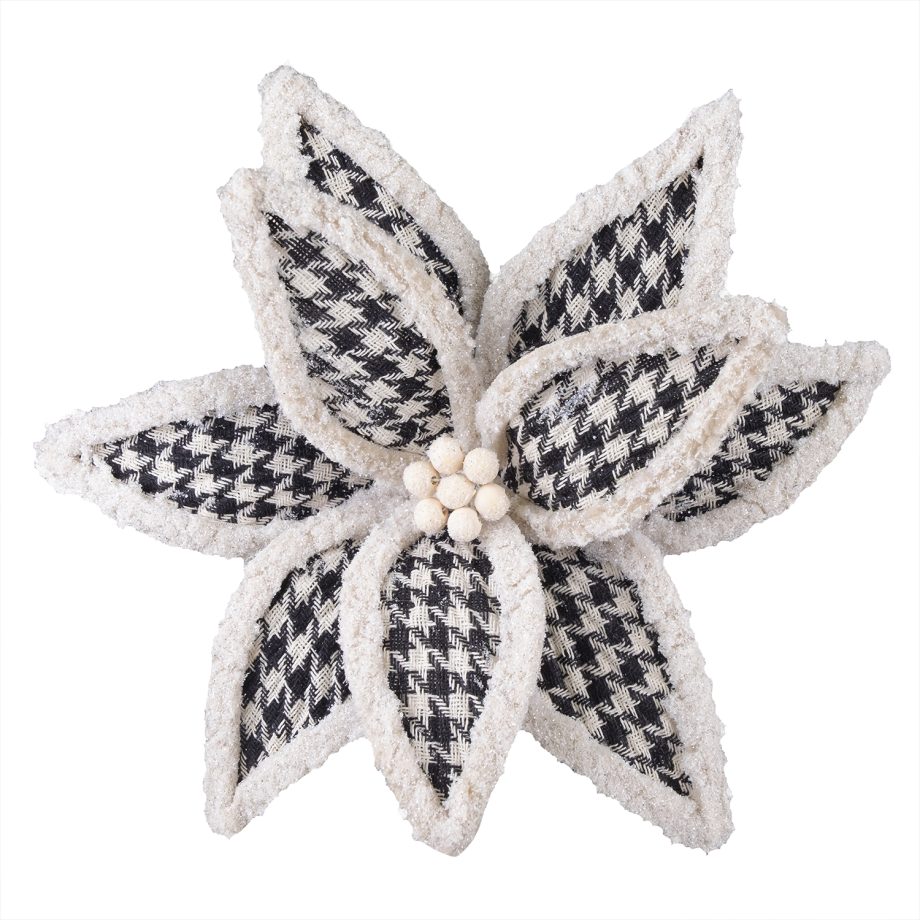 POINSETTIA HEAD BLACK / WHITE 12" HOUNDSTOOTH PLAID W/ FLOCKED SHIMMER EDGES