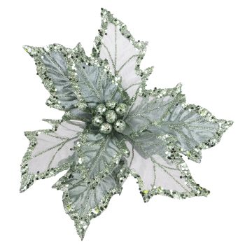 POINSETTIA HEAD GREEN SLATE 10"W/ GLITTER & CLIP