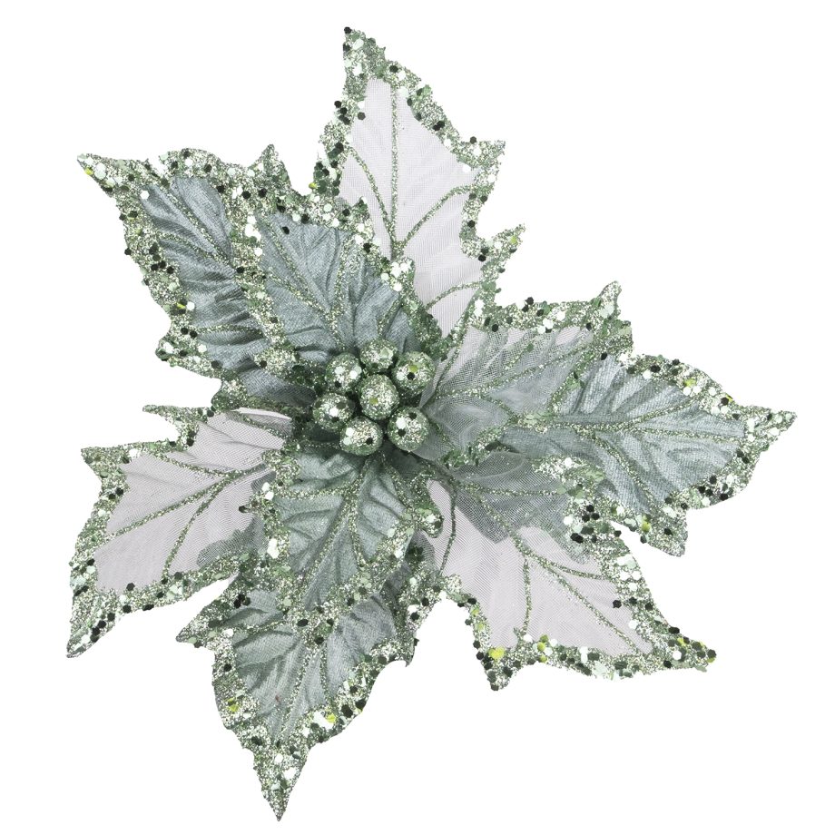 POINSETTIA HEAD GREEN SLATE 10"W/ GLITTER & CLIP