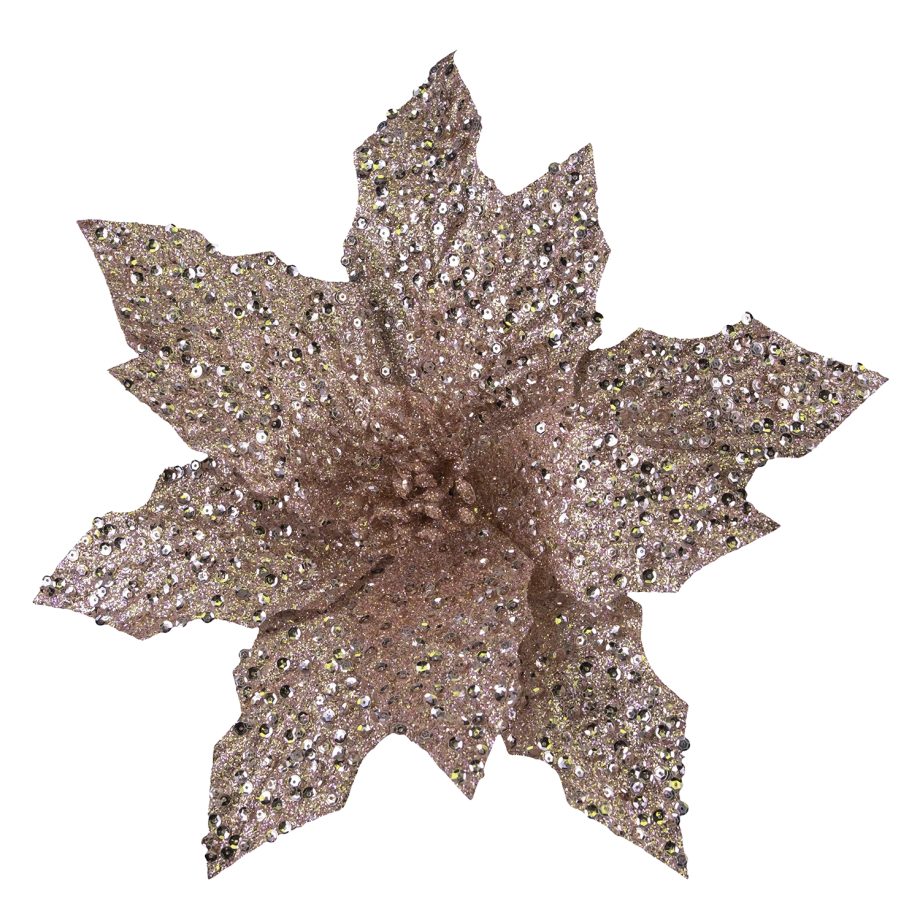 POINSETTIA HEAD ROSE GOLD 11" W/ HEAVY GLITTER & SEQUINS W/ CLIP