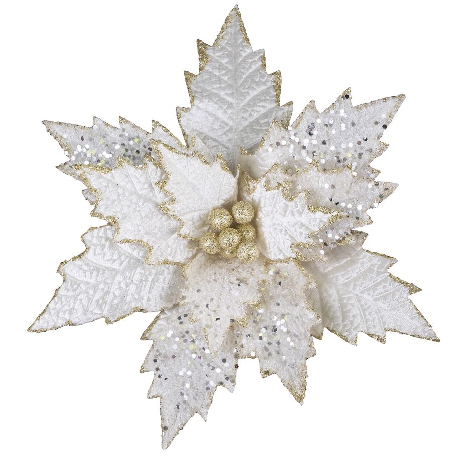 POINSETTIA HEAD IVORY 11" W/ GLITTER BORDER W/ CLIP