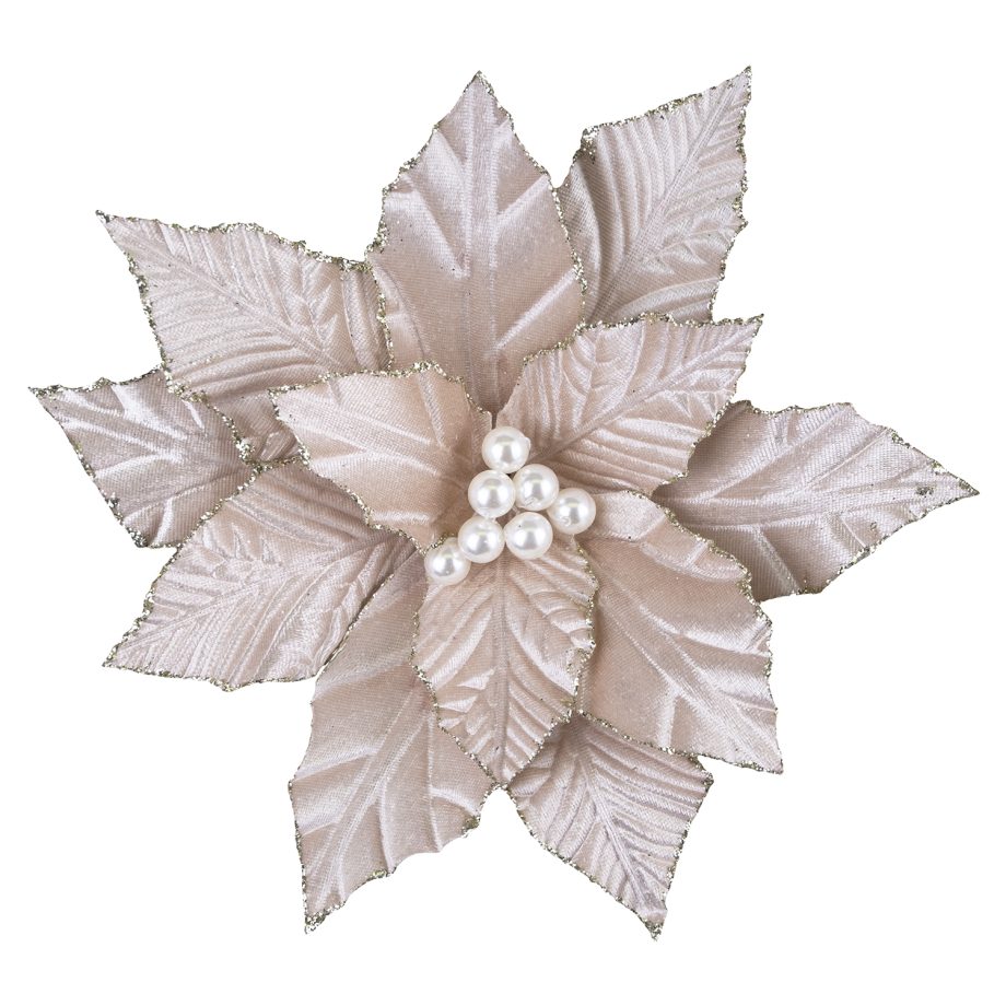 POINSETTIA HEAD CHAMPAGNE 10" W/ GLITTER BORDER & PEARLS W/ CLIP
