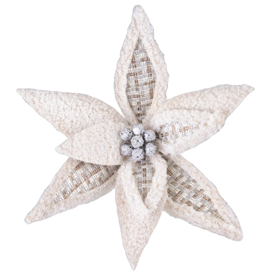 POINSETTIA HEAD NATURAL / IVORY 12"FLUFFY W/ ALTERNATE BURLAP PETALS W/ CLIP