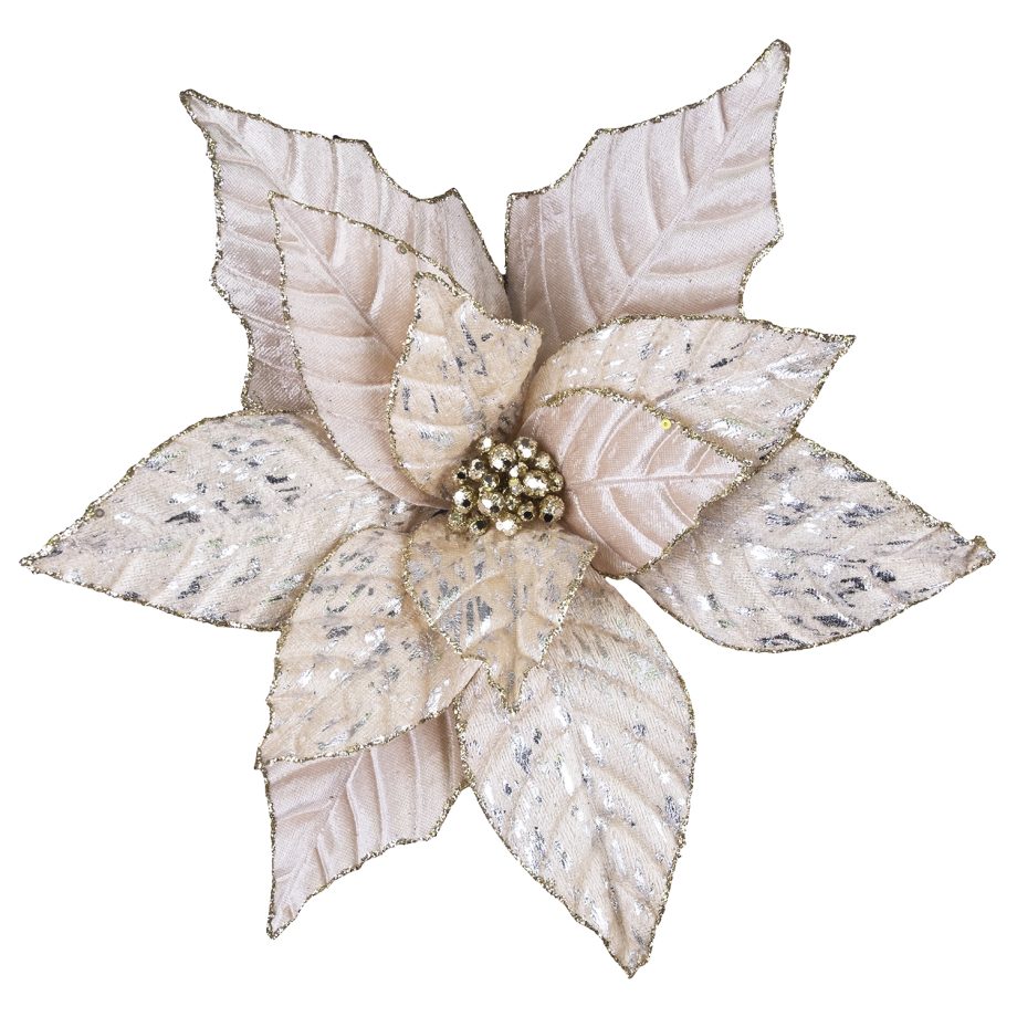 POINSETTIA HEAD CHAMP 12" VELVET W/ SILVER FOIL & CLIP