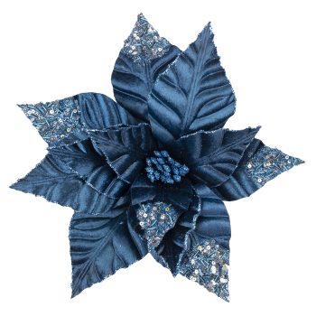POINSETTIA HEAD BLUE NAVY 10"VELVET W/ SEQUINS & GLITTER W/ CLIP