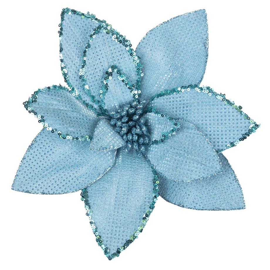 POINSETTIA HEAD BLUE ICE 10" W/ GLITTER BORDER & CLIP