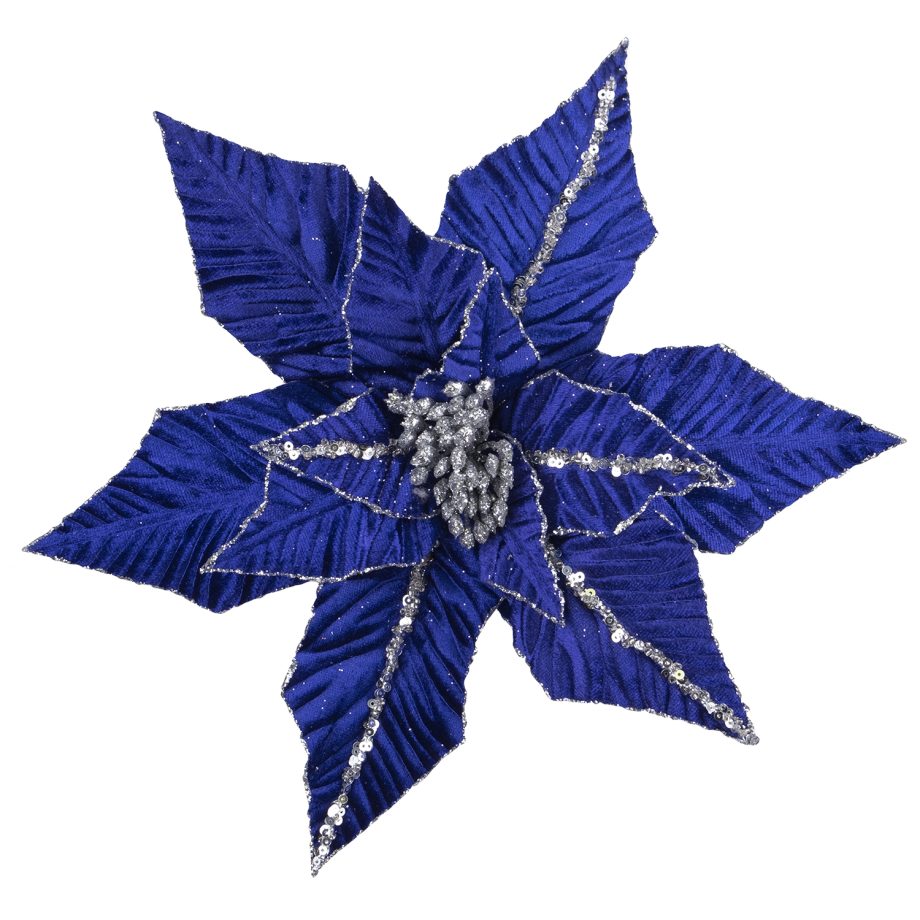 POINSETTIA HEAD BLUE ROYAL 11" VELVET W/SIL SEQUINS & CLIP