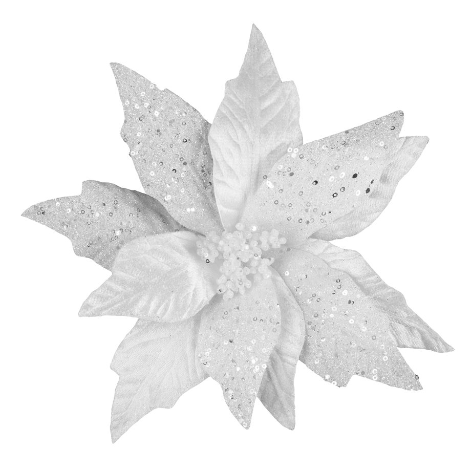 POINSETTIA HEAD WHITE 11" VELVET & NET W/ GLITTER CLIP
