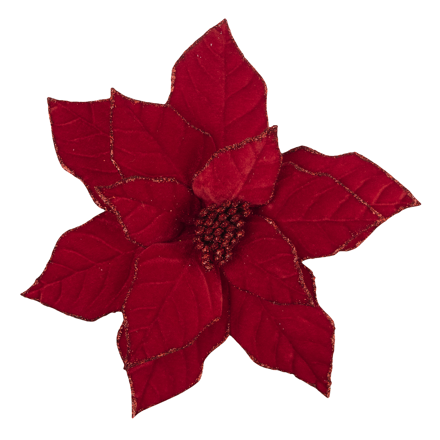 POINSETTIA HEAD RED 11" VELVET W/ GLITTER BORDER & CLIP