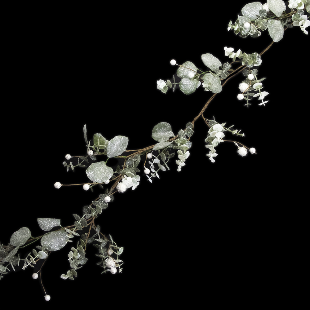 GARLAND GRN 60' EUCALYPTUS W/ WHITE BERRIES/SNOW