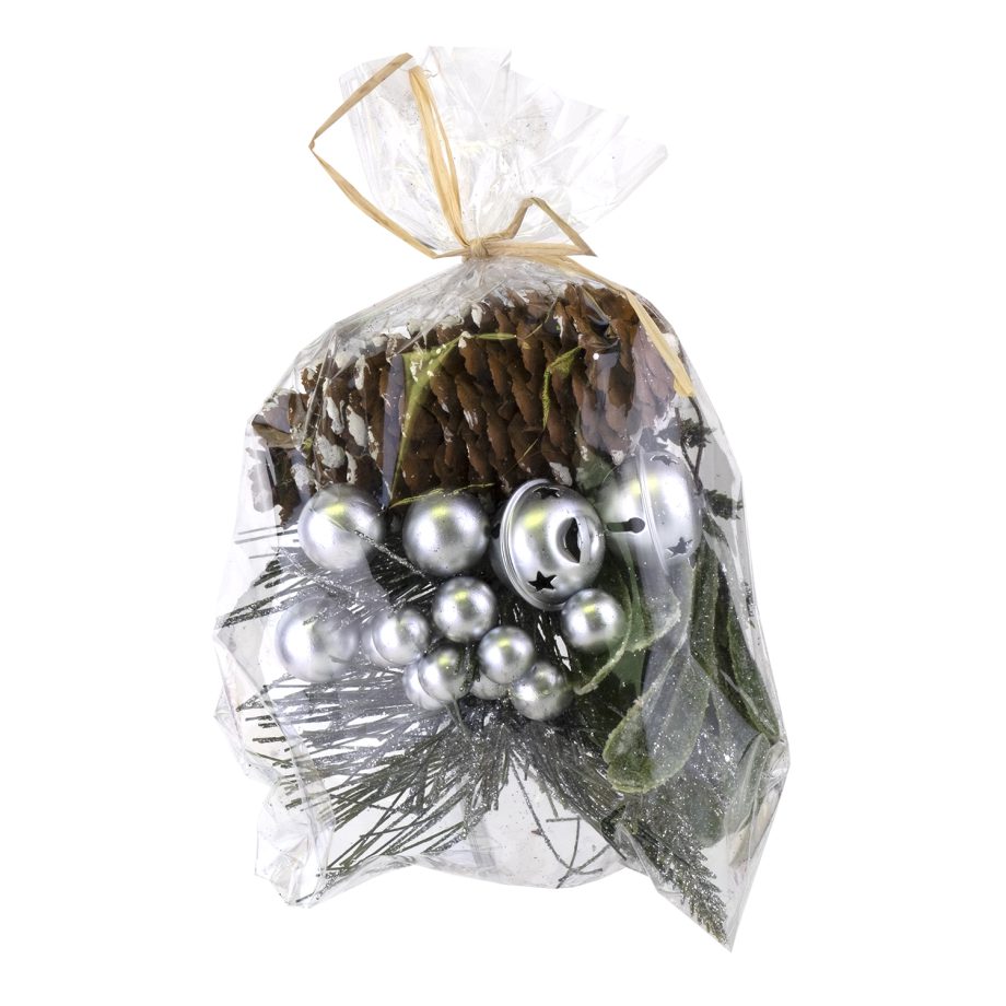 CRAFT BAG 5"X6" SILVER BERRIES & BELLS W/ PINE CONES