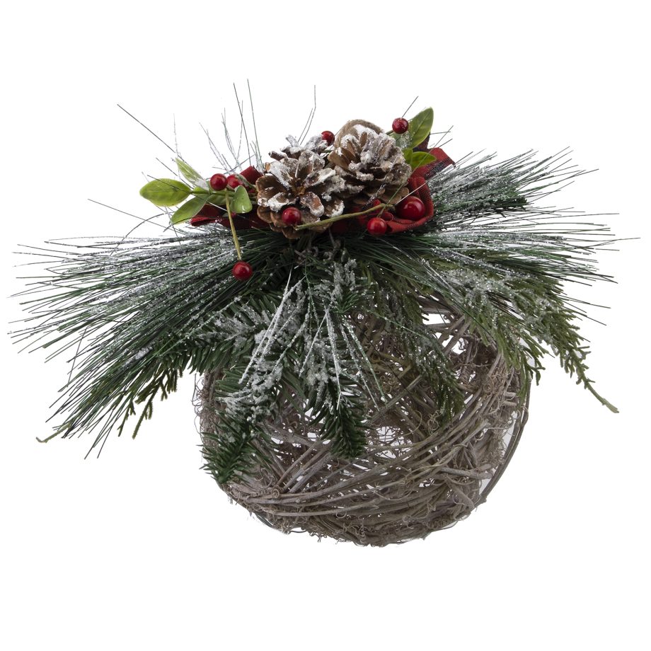 HANGING BALL 8" BROWN RATTAN W/ RED BERRIES  FROSTED PINE & CONES W/ RED/ BLK PLAID BOW