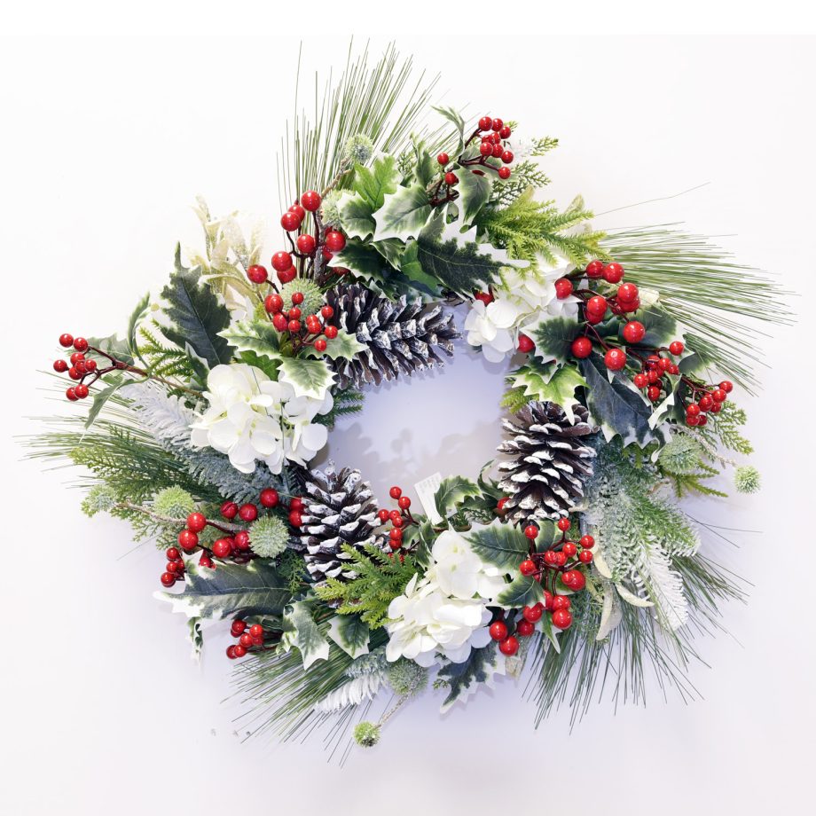 WREATH WHITE HYDRANGEA 22" PINE NEEDLE W/ CONE & BERRIES