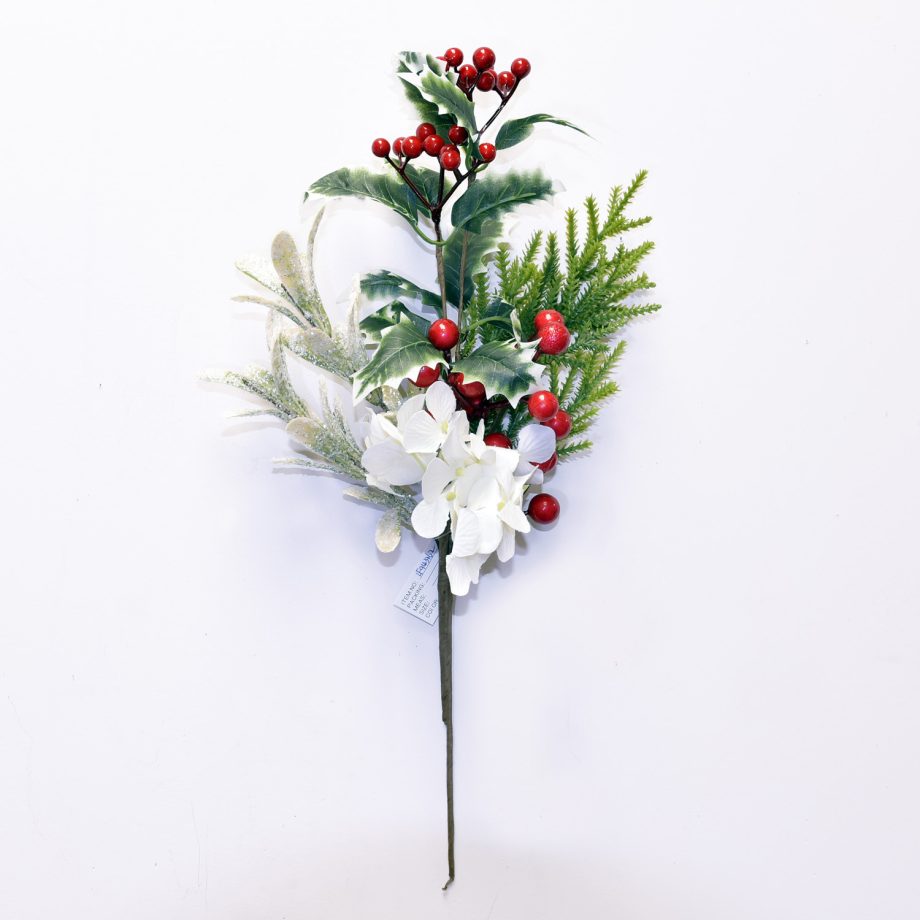 SPRAY WHITE HYDRANGEA 17" MIXED GREEN W/ RED BERRIES