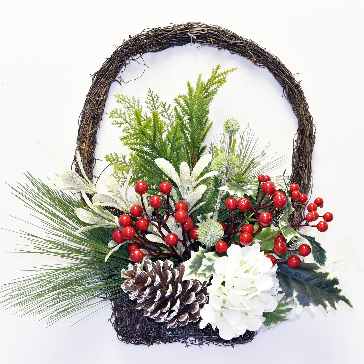 WALL ARRANGEMENT 18"X16"  MIXED PINE W/ RED BERRIES & WHITE HYDRANGEA IN BASKET