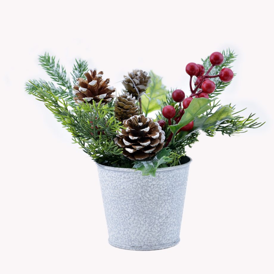 TABLE PIECE 8" MIXED GREENS W/ PINE CONES & BERRIES IN POT
