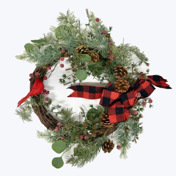 WREATH RATTAN 20" W/ MIXED GREENS, CARDINAL & BLK/ RED BUFFALO PLAID BOW