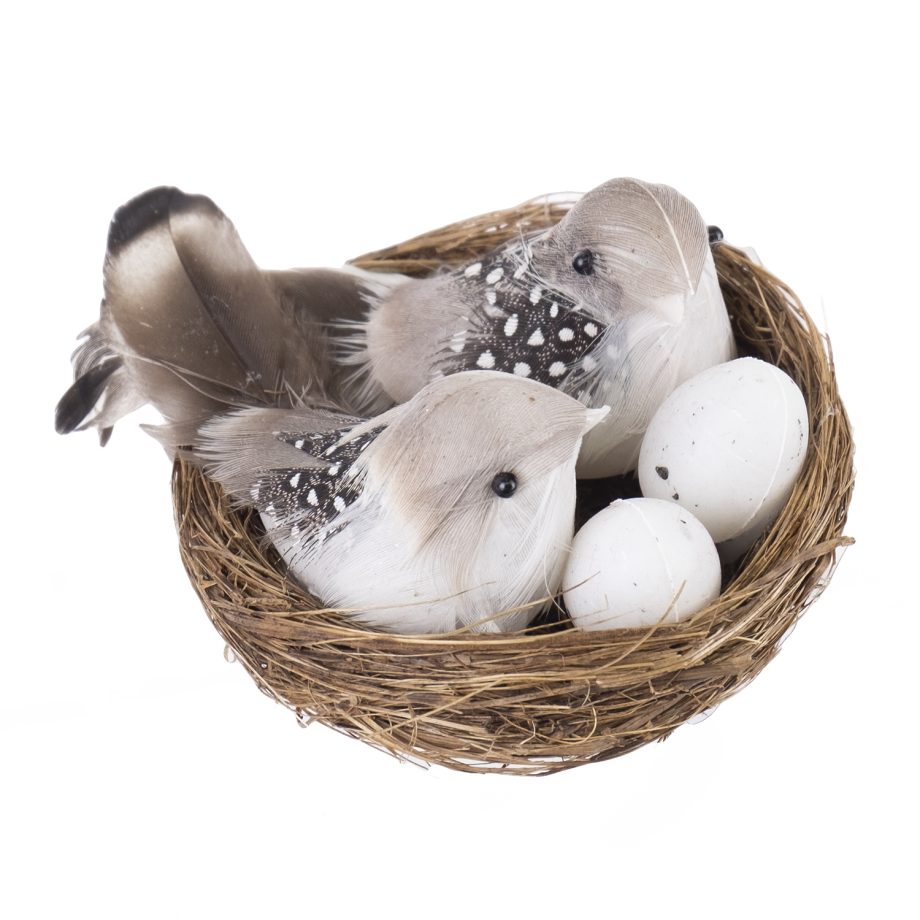 BIRD NATURAL BROWN/WHITE 3.5" IN NEST AND EGGS FEATHER TAIL