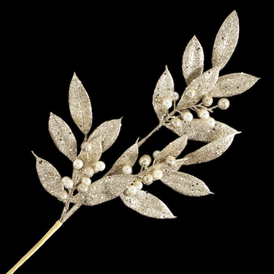 SPRAY PEARLS W/ LEAVES 26" CHAMPAGNE GLITTER