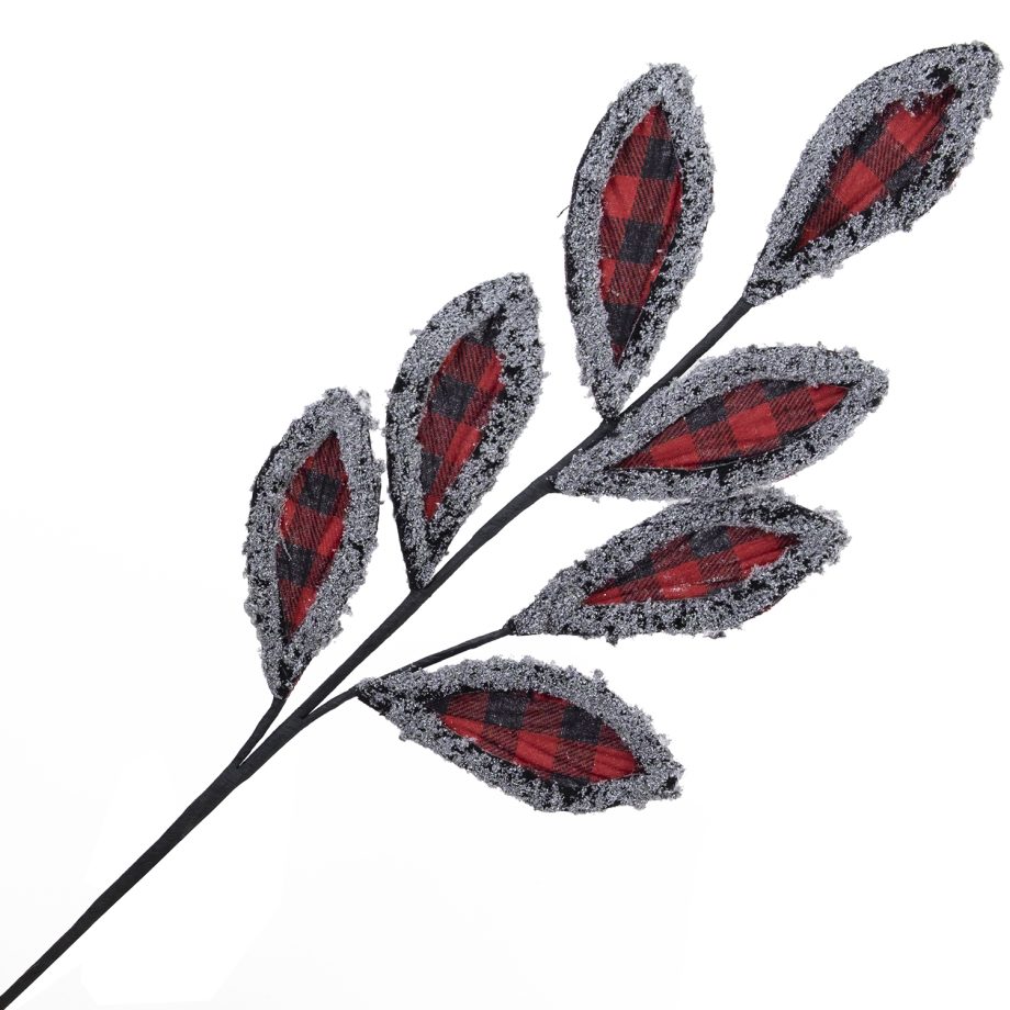 SPRAY LEAVES FABRIC 27" RED/ BLK BUFFALO PLAID W/ FLUFFY FROSTED BORDER