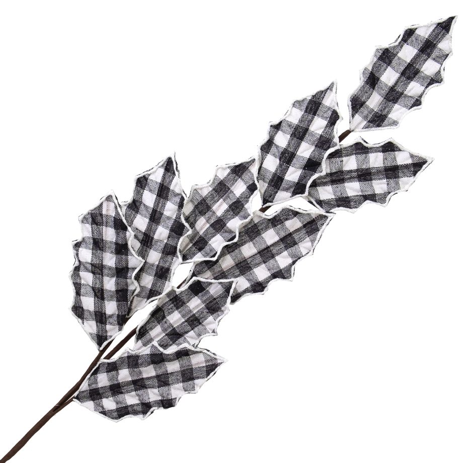 SPRAY LEAVES FABRIC HOLLY 27" BLK/WHT HOLY PLAID W/ GLITTER BORDER