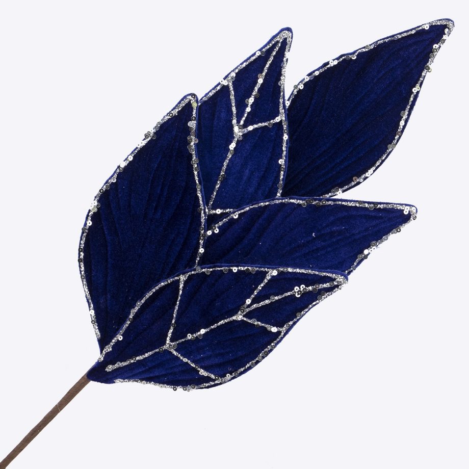 SPRAY LEAVES VELVET 22" ROYAL BLUE W/ SILVER GLITTER