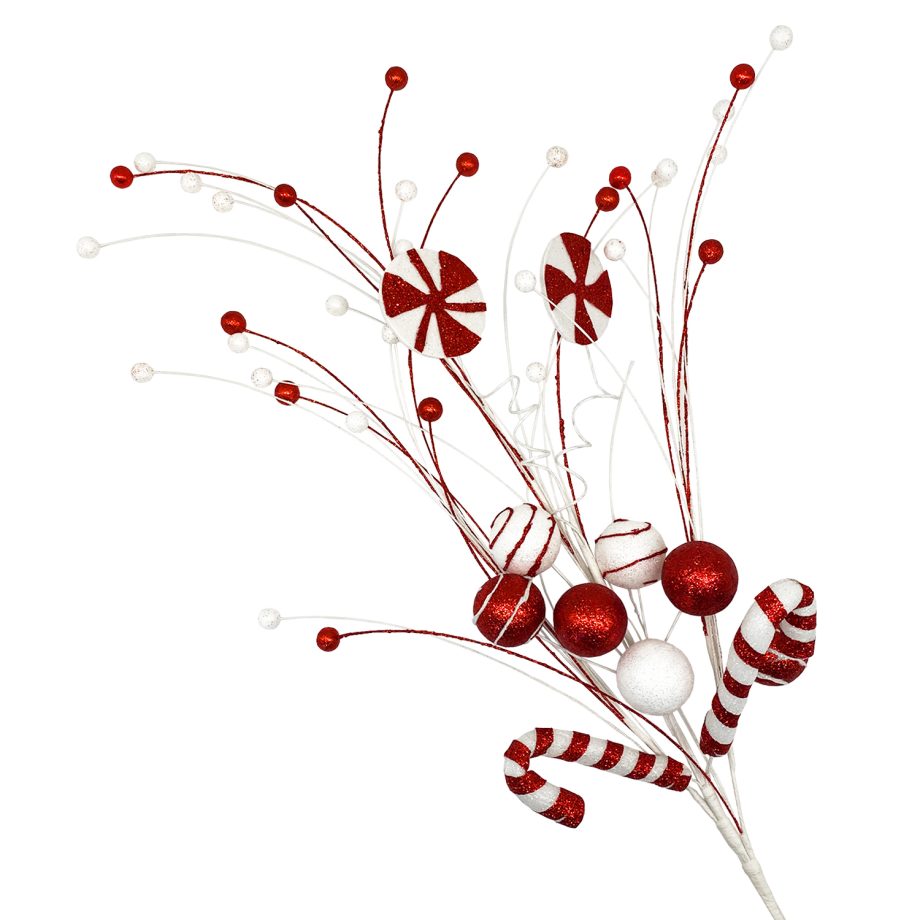 SPRAY CANDY 26" CANDY CANE, LOLLIPOP & MINI BALLS SPARKLE RED/WHITE