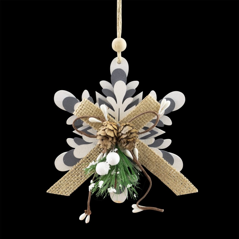 ORN WOODEN SNOWFLAKE 5" WHITE/ GRAY W/BOW & GRNS