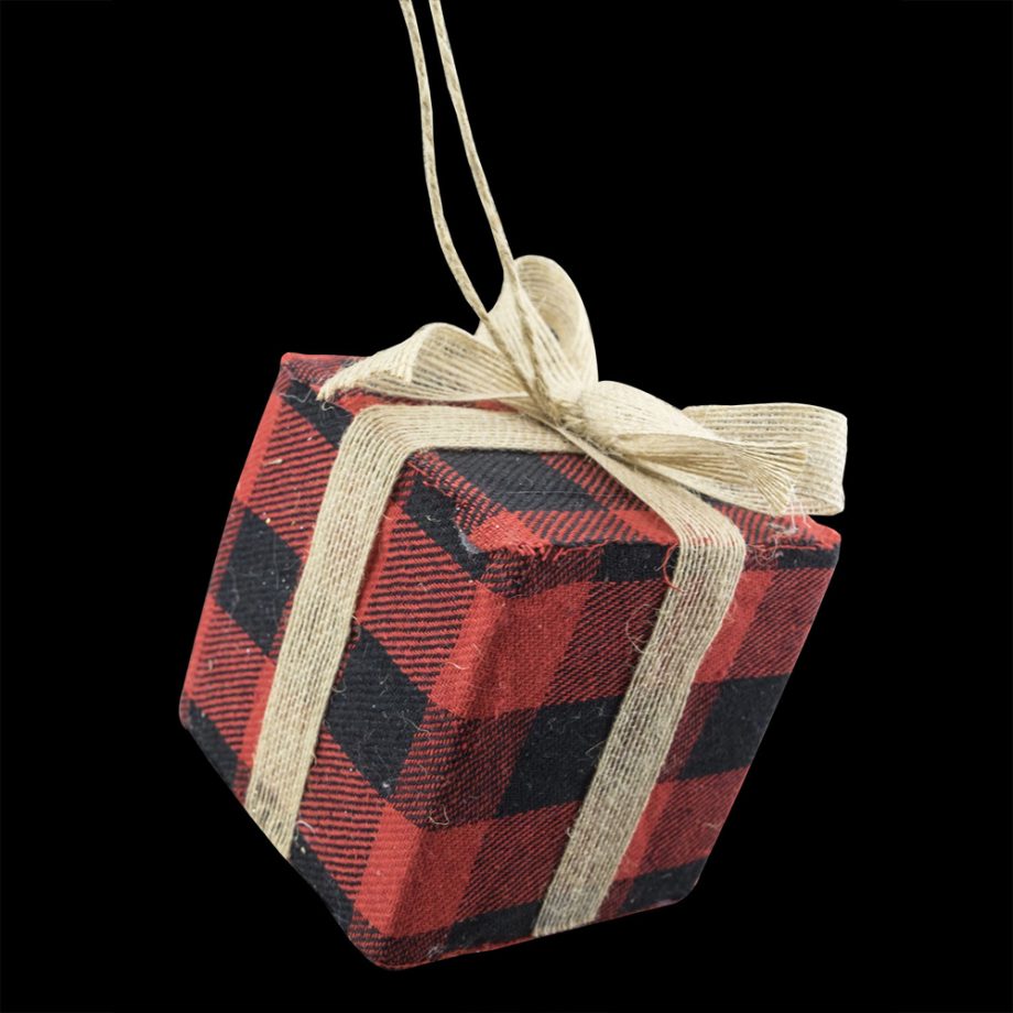 ORN FABRIC GIFT BOX 3" RED/ BLACK BUFFALO PLAID W BOW
