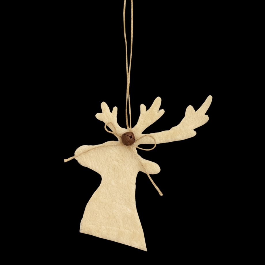 ORN WOODEN MOOSE HEAD 6.25" BEIGE FUR W/BELL
