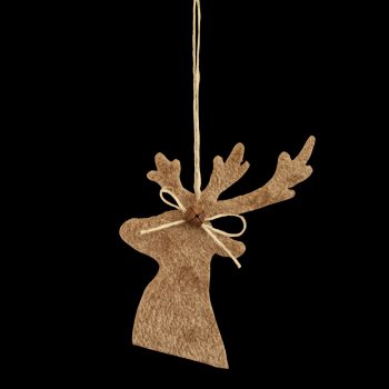 ORN WOODEN MOOSE HEAD 6.25" BROWN FUR W/BELL