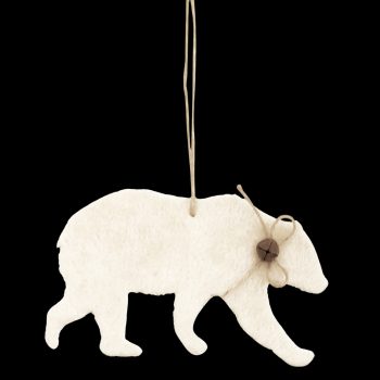 ORN WOODEN BEAR 7" BEIGE FUR W/BELL